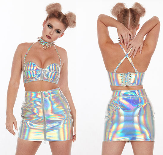 Multicolored Holographic Spiked Bustier Bra